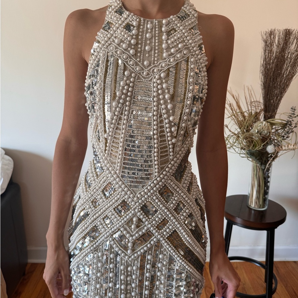 Glamorous Silver Beaded Backless Dress